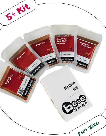 A Bebe Spice Mini-Kit labeled Chili Mini-Kit" Surrounded by the five spices contained within. 