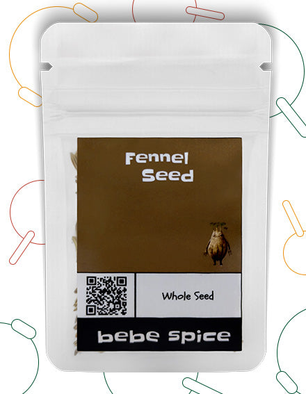 The front of a Bebe Spice whole Fennel seed packet