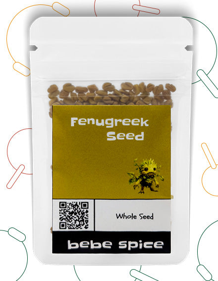 The front of a Bebe Spice whole Fenugreek Seed packet