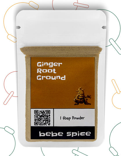 The front of a Bebe Spice ground Ginger Root packet