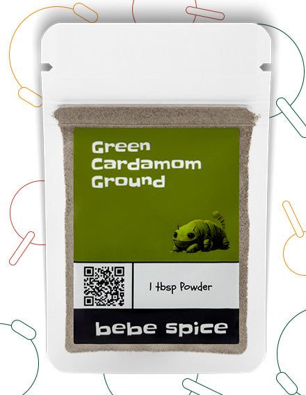 The front of a Bebe Spice ground Green Cardamom packet